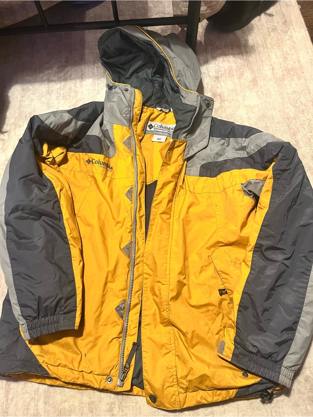 Columbia Yellow and Gray Hooded Waterproof Jacket